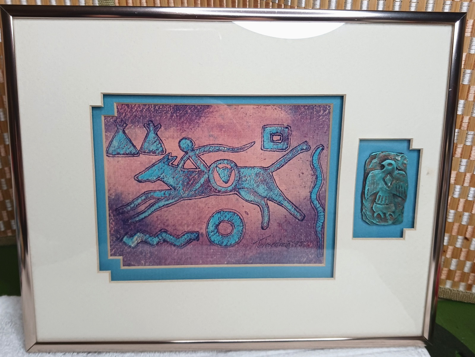 Cleo Teissedre Signed Primitive Watercolor Art & Bronze Artifact ~ 1993 Vintage