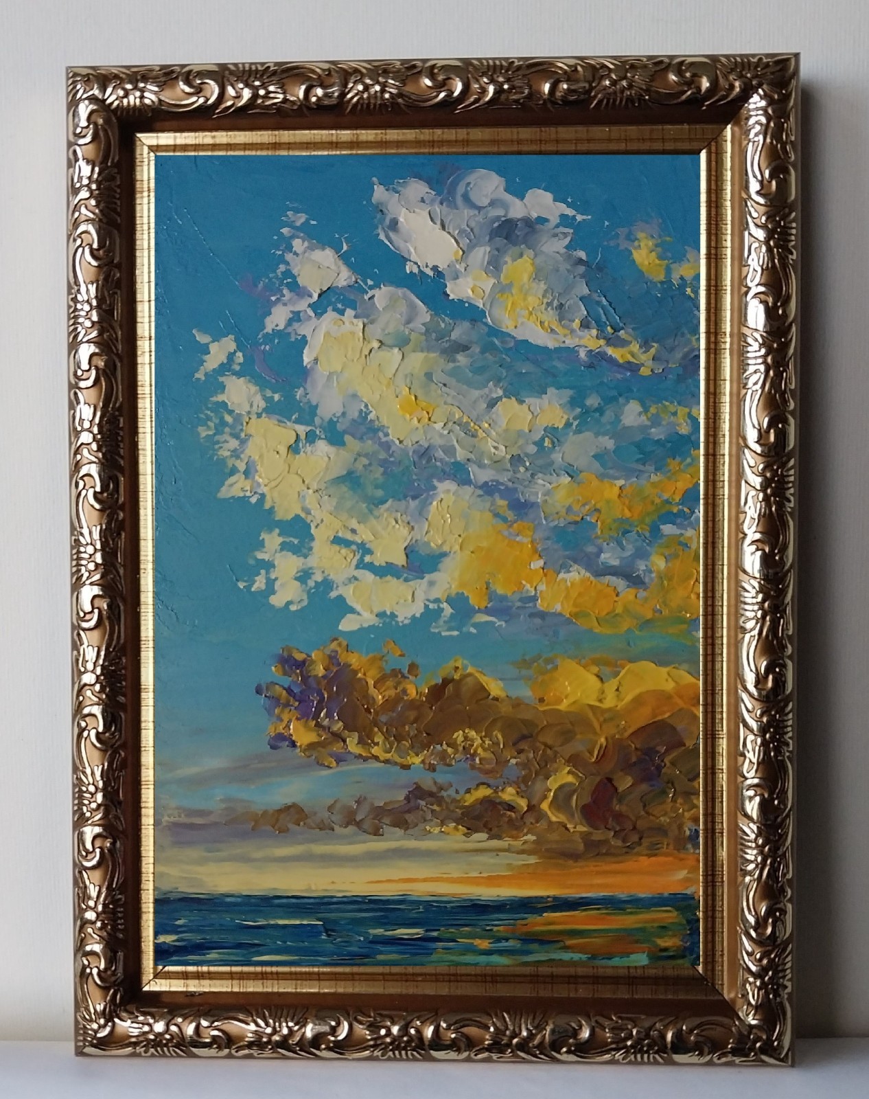 Framed Sunset Seascape Clouds Over Sea 4×6″ Original Oil Painting Impasto Art