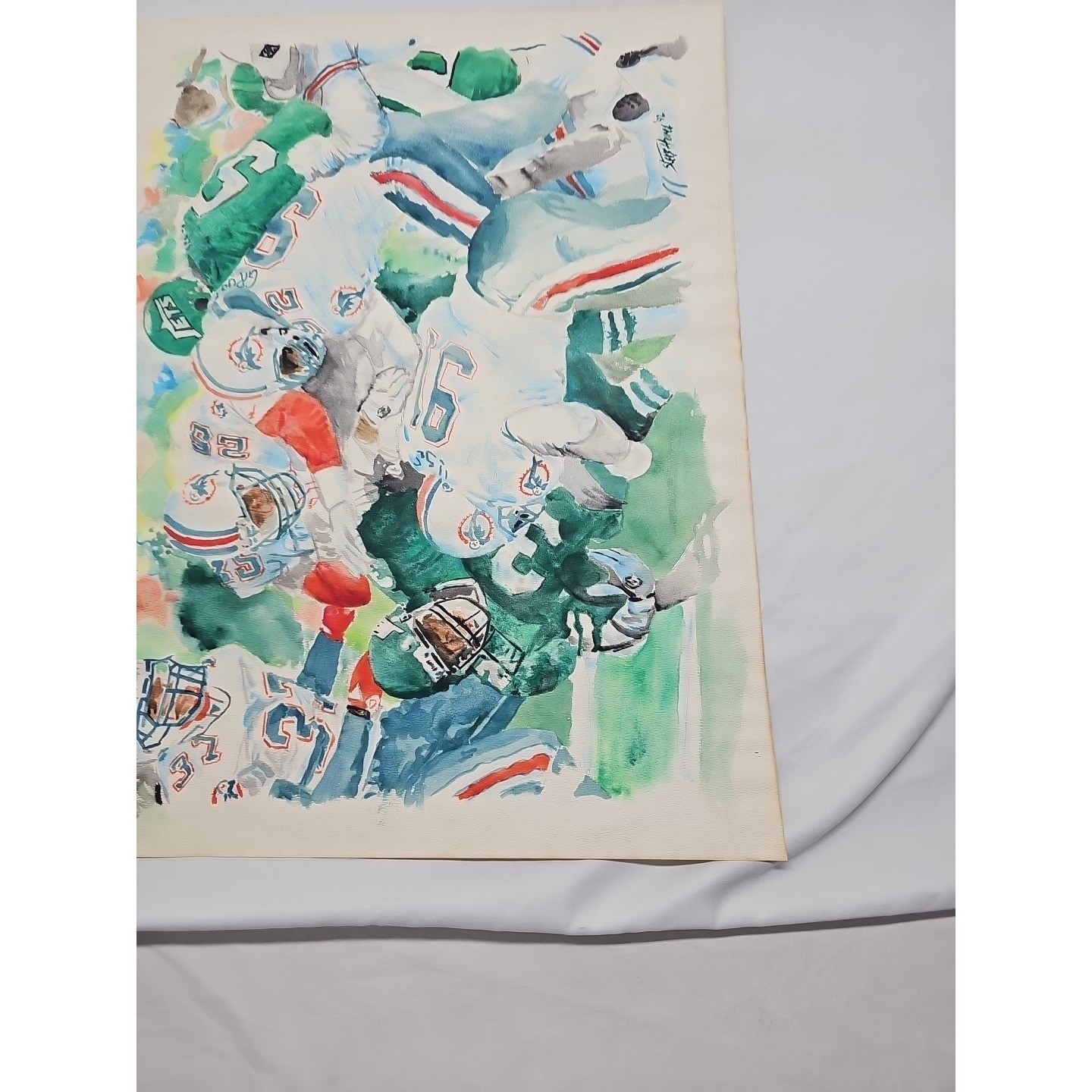 1992 Miami Dolphins NY Jets Signed Watercolor NFL Sports Art 18×23