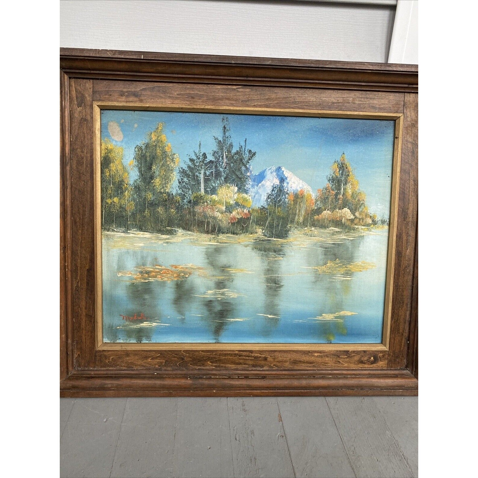 VTG Oil Painting Autumn Lake Mountain Landscape Scenery Signed Wood Frame Canvas