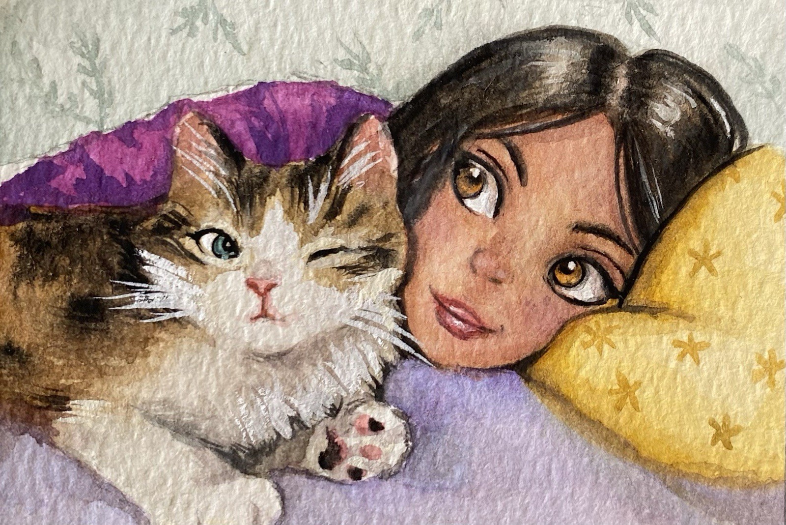 ACEO 100% Hand Painted Original Mixed Media Painting Art Girl And Cat