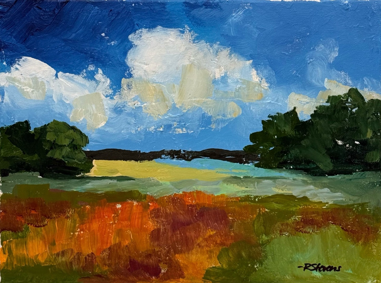 R Stevens Autumn Landscape Original Acrylic Painting Colorful 11×14