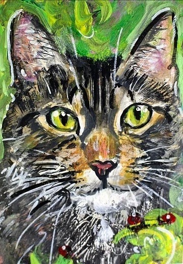 ORIGINAL ACEO Painting CAT &Ladybugs Grey White TABBY Spring Kitten Feline ART