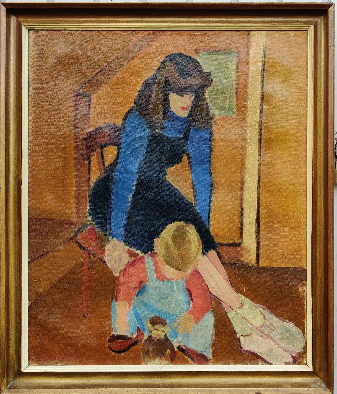 Arne Søiberg (1916-1995): YOUNG WOMAN WITH PLAYING CHILD, original oil painting
