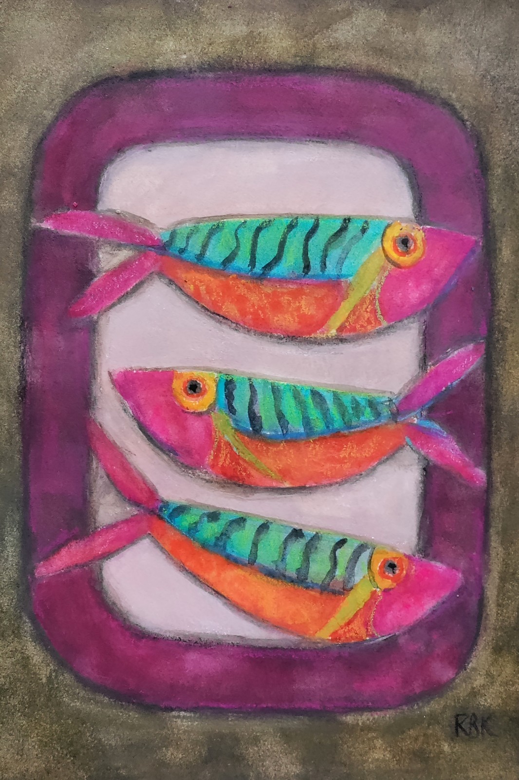 Original Watercolor Painting Fish/Platter Whimsical Folk Art Fauvism Kitchen/DR