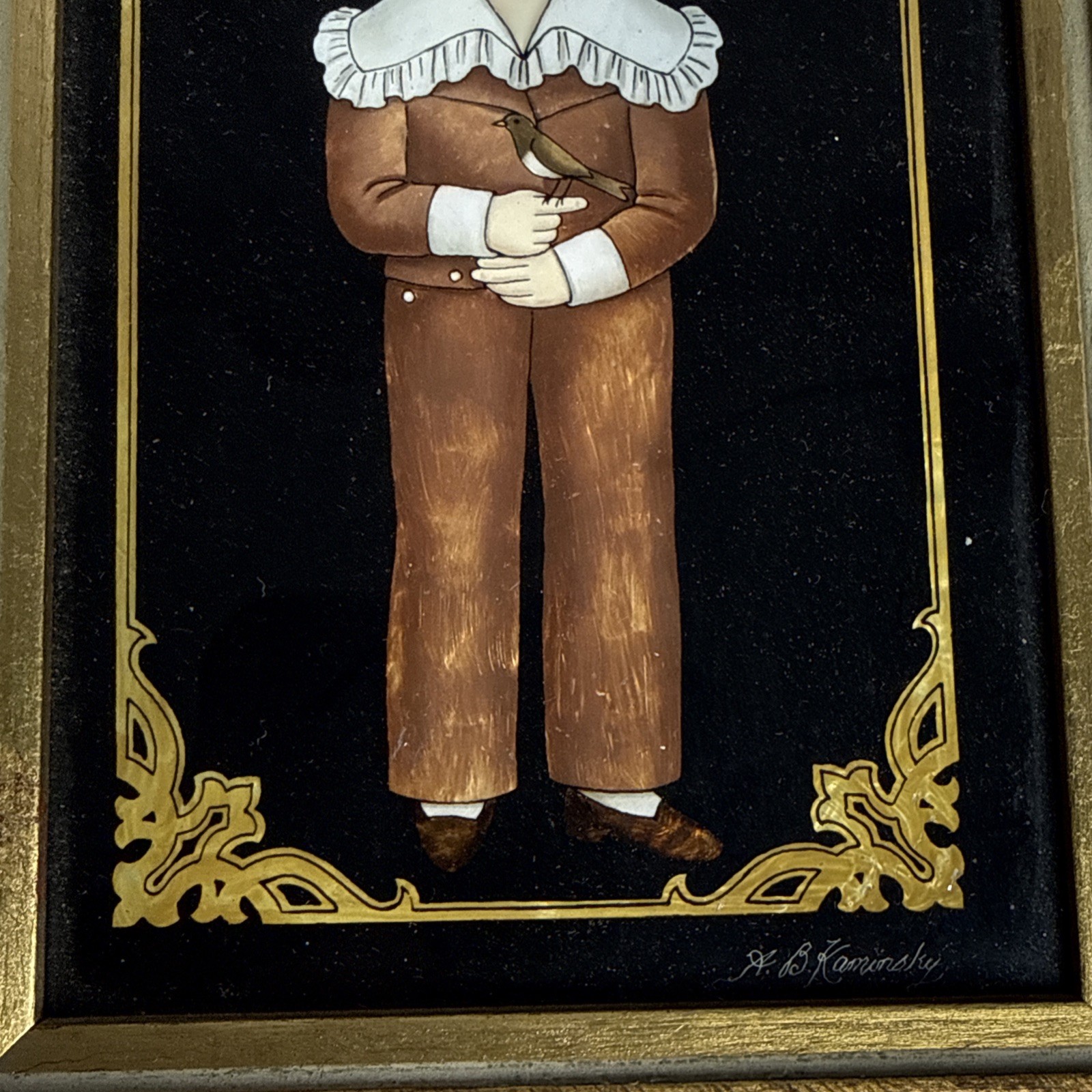 Set If 2 Vintage Reverse Glass Paintings By A B Kaminsky Boy & Girl 8” x 6”