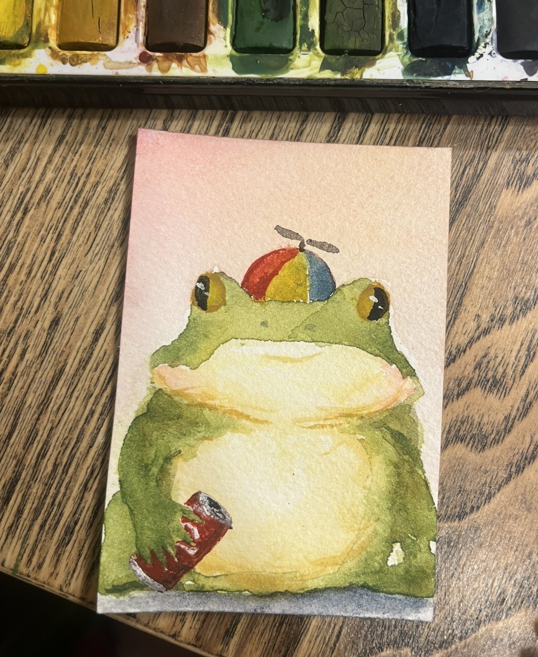 ACEO PRINT Frog whippersnapper Watercolor Painting, Hat Guys 2/2, 3.5×2.5 in