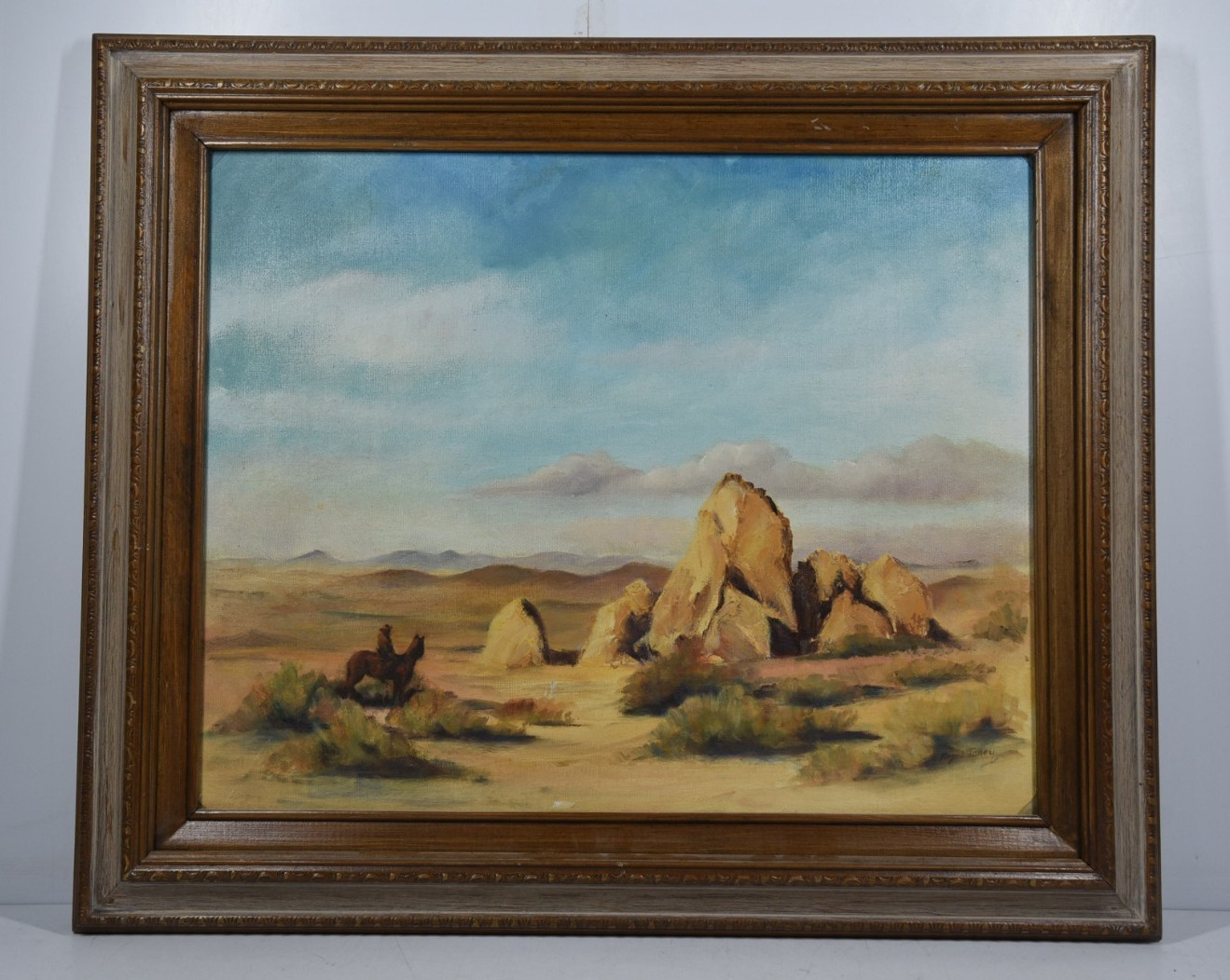 Vintage Desert Range & Boulders Cowboy on Horseback Art Painting Open Spaces