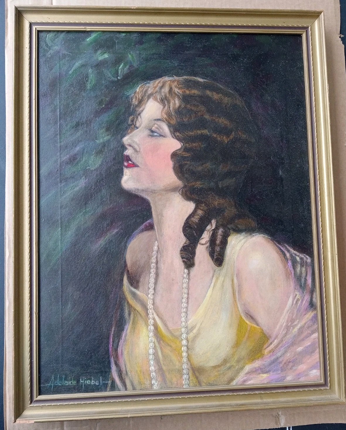 ADELAIDE HIEBEL – ORIGINAL CALENDAR PAINTING – BEAUTIFUL BRUNETTE WITH PEARLS