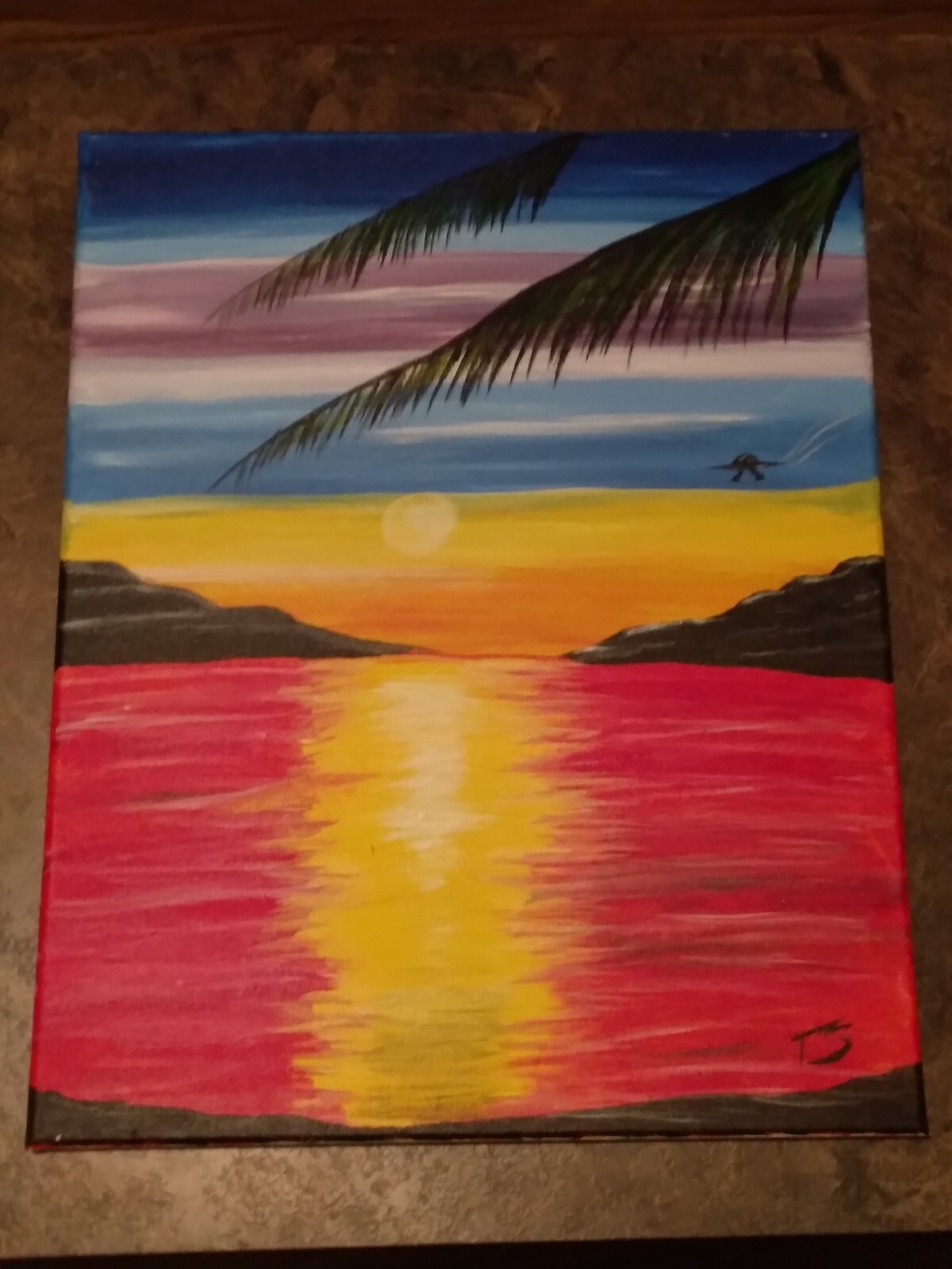 Sun set over the bay 16×20” acrylic painting on canvas hand painted 2022