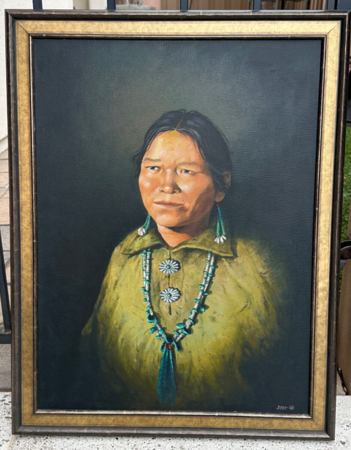 ALLEN BAHE NAVAJO/DINE PAINTING ON CANVAS PEACEFUL ONE FRAMED 27″ X. 21″