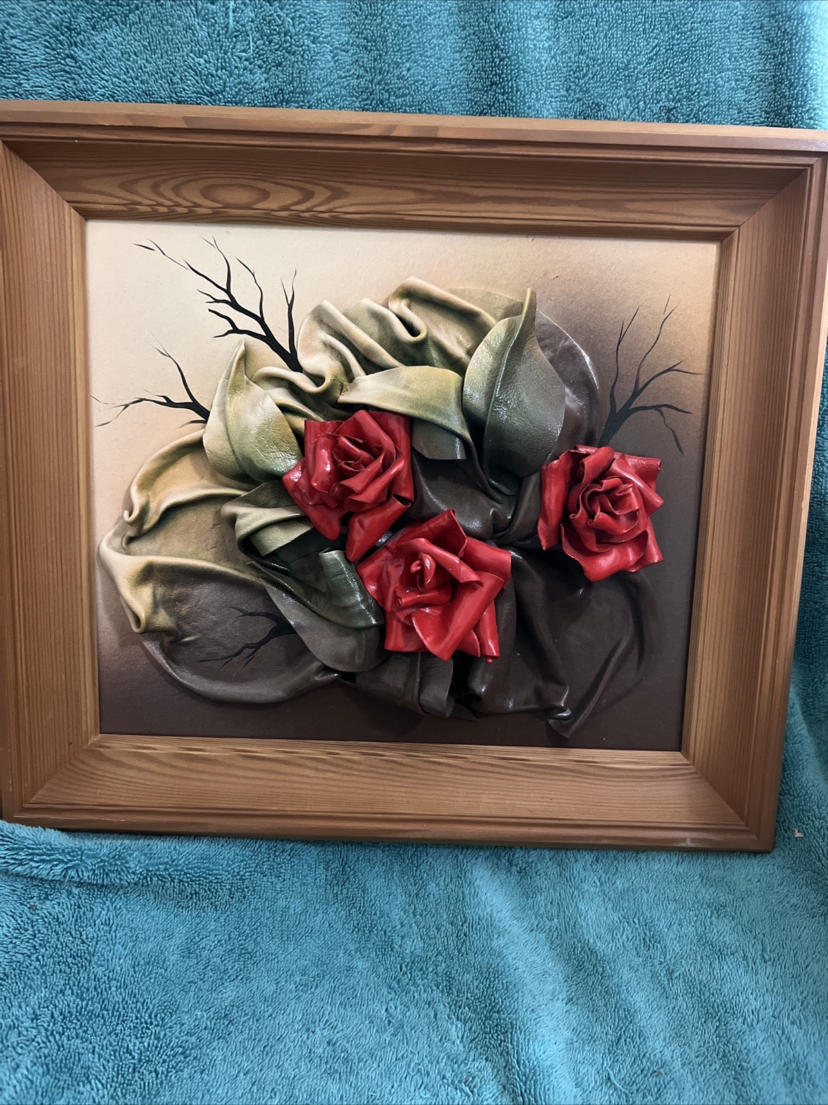 Vtg Oil On Board With 3D Leather Florals Roses 16”x14” Goth Romance