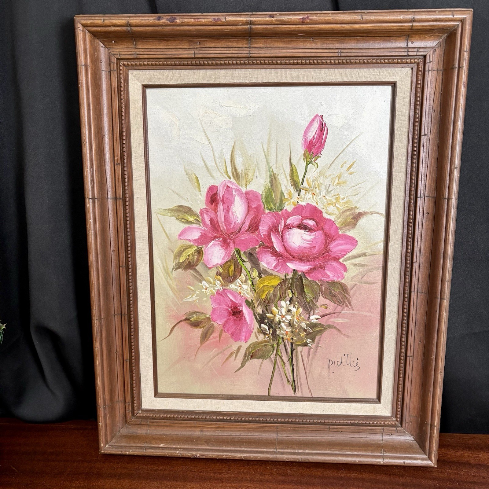 Vintage Pink Roses Floral Oil Painting 21×17 Canvas Dark Wood Frame Cottagecore