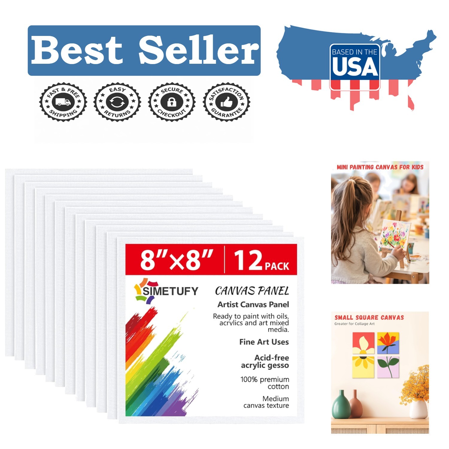 Artisan 12 Pack of 8×8 Inch Gesso Primed Canvas Panels for Creative Projects