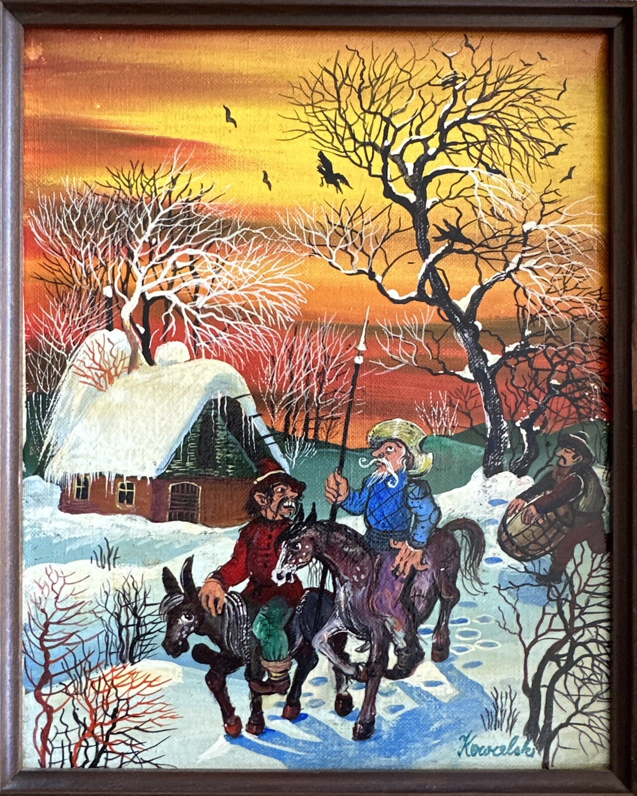 Kowalski painting of Men on Horseback in Winter ~ Primitive Folk Art