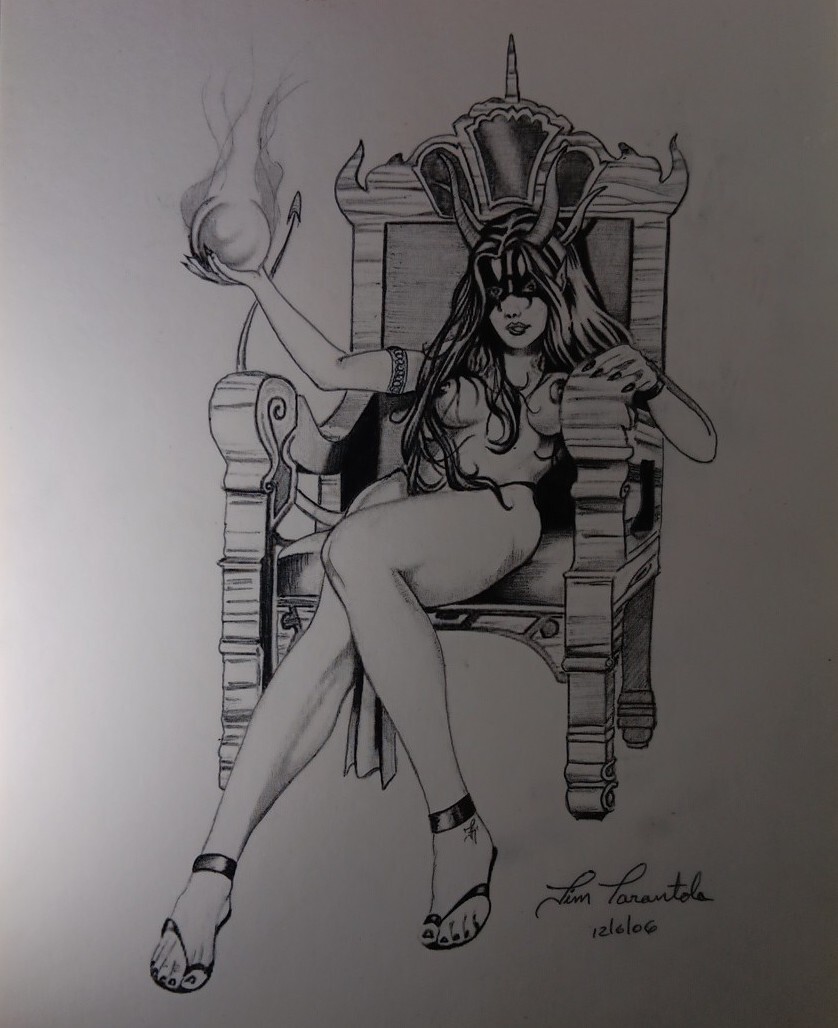 Original pen and ink hand drawing art by J&M Tarantula As Greek God Kakia 2006