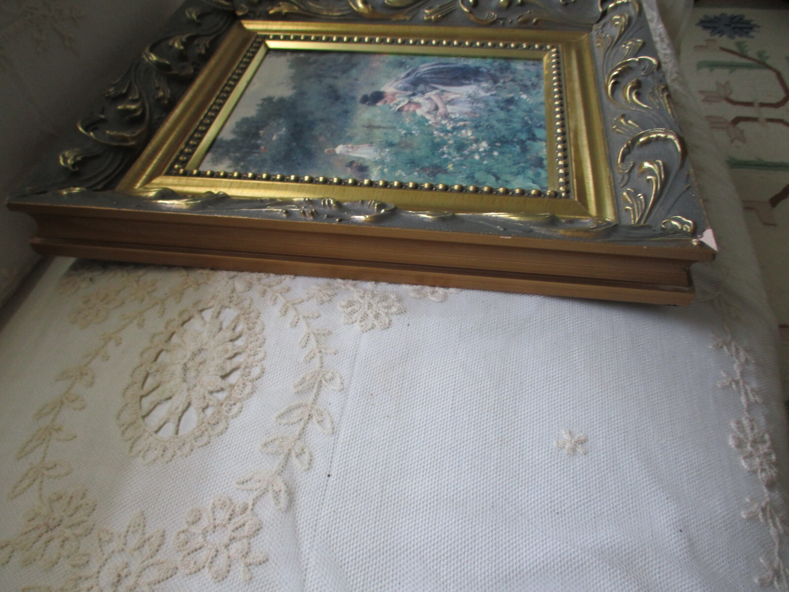 SUPERB! Vintage Oil on Board French Country Mother & Children Gold Frame 16 x 14