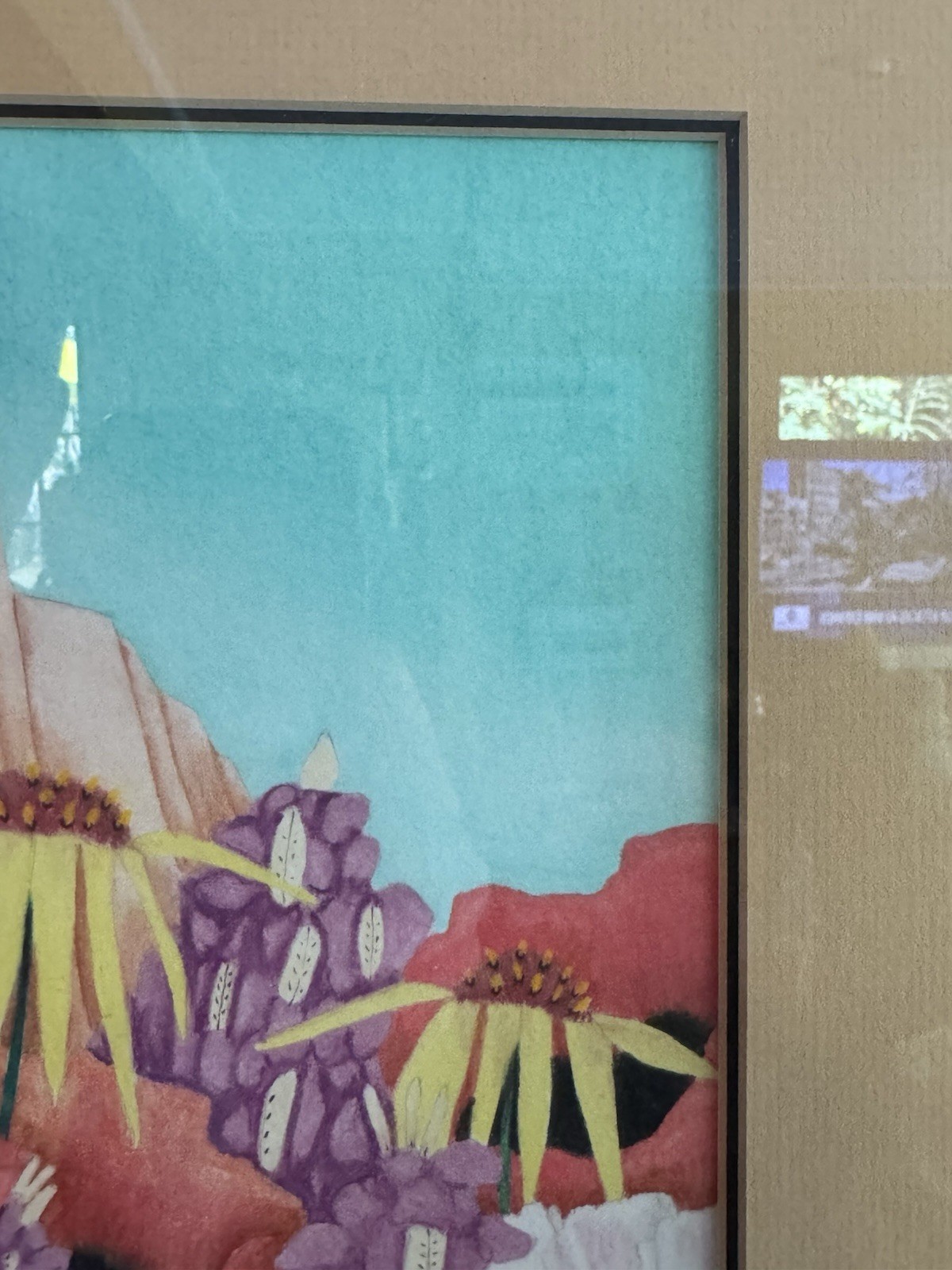 BJ Briner – Taos Artist – Casa de Los Flores – Framed Oil Pencil Paper Painting