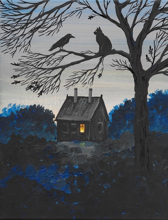 8X10 PRINT OF PAINTING RYTA CROW BLACK CAT HALLOWEEN FOLK Art landscape house