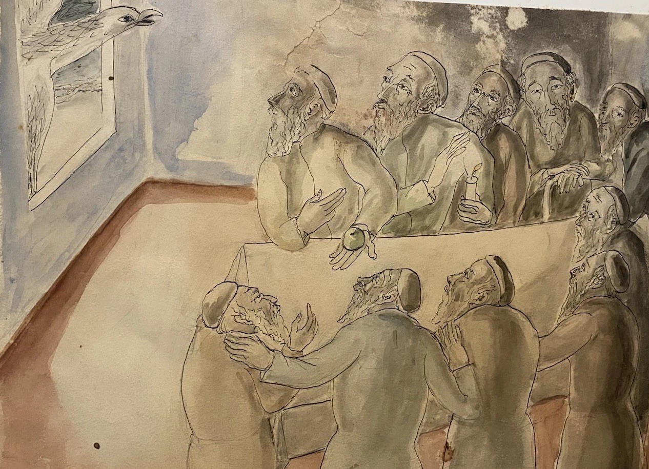Sarah Berman Gouache “Jewish Folklore” WPA Era Elders at Table 9×12 Original