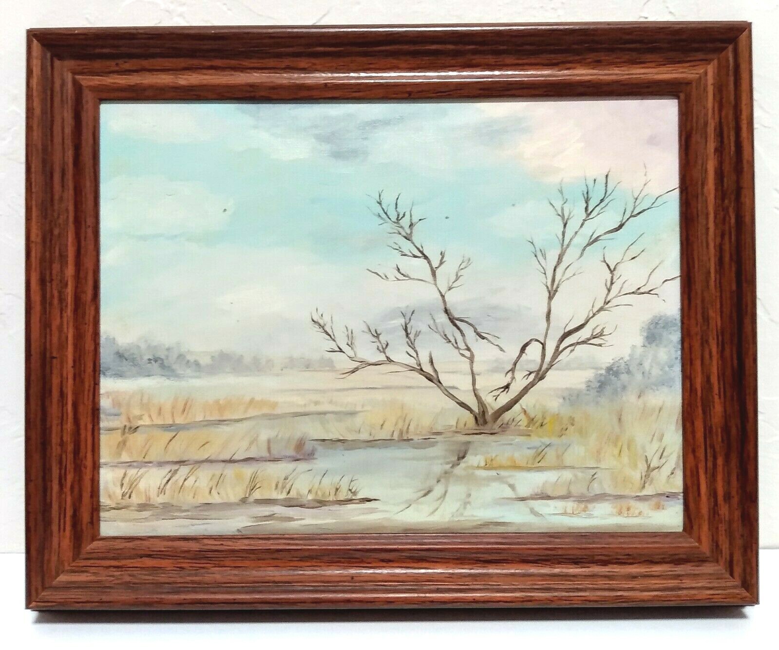 TREE IN MEADOW ON WOLSEY CO CANVAS 9×12 NO SIGNATURE FRAMED LANDSCAPE 60s 70s