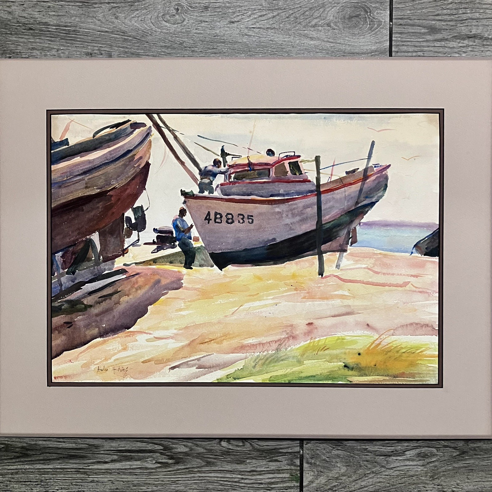 Listed HELEN A. KING (1900-77) Watercolor / BOATS & FISHERMEN / Matted To 21×27