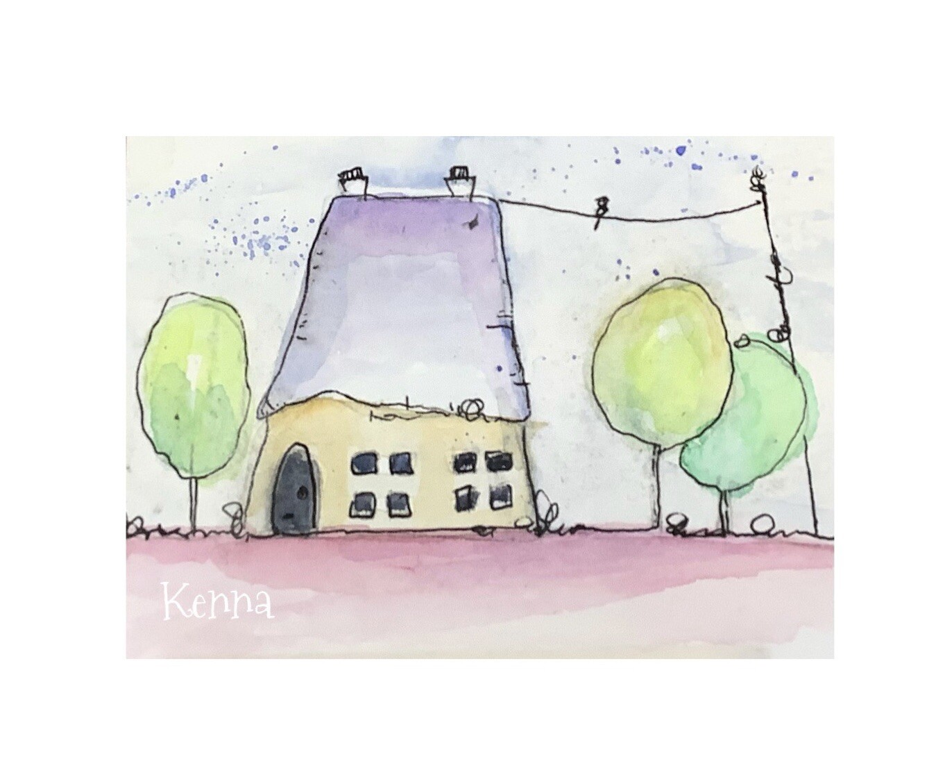 Aceo Painting By Kenna Watercolour & Ink House 2.5” X 3.5” Signed Original