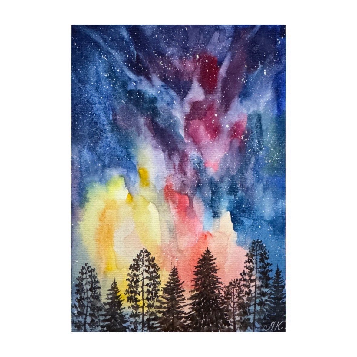 Original watercolor Art Aurora Borealis Painting Northern Lights Art Night Sky