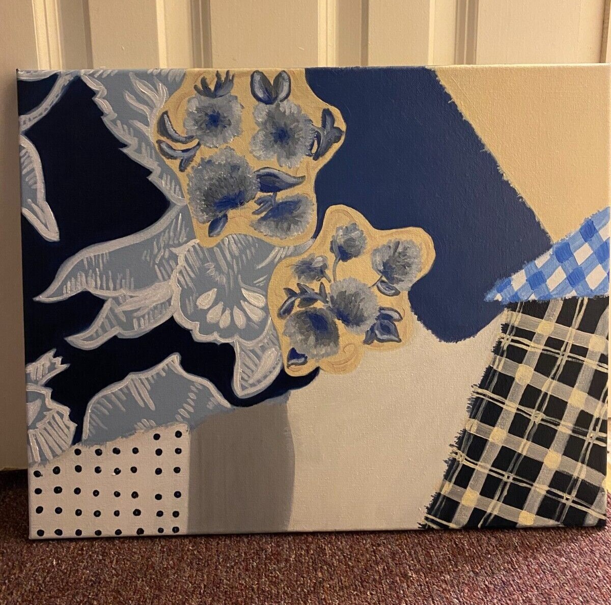 Original Painting Done Based on A Collage Of Blue, White, and Cream Fabric. Oil