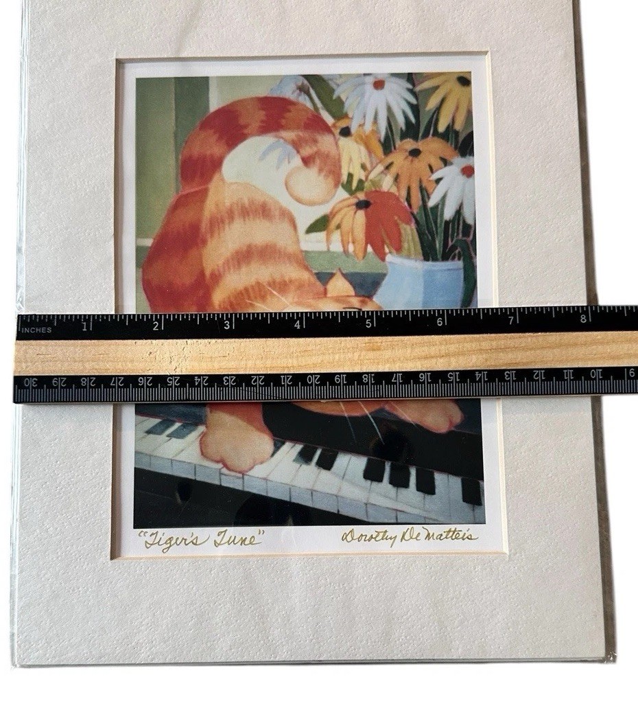 DOROTHY de MATTEIS Tigers June Signed Art Print Cat On Piano 5”x6” Framed 12×11”