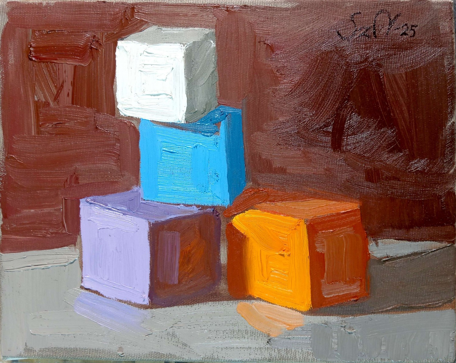 Original Oil Painting Color Cubes Modern Still Life Art 9.5×12 Canvas