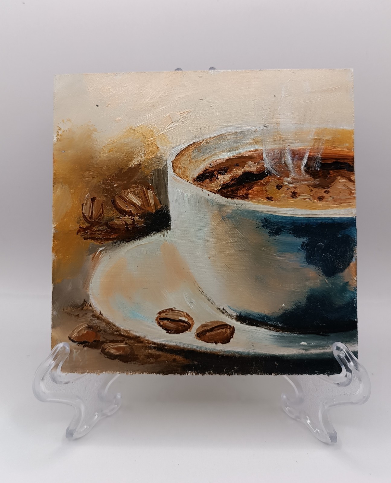 Original Coffee Cup Oil Painting Impasto Food Art Framed Miniature 4×4″