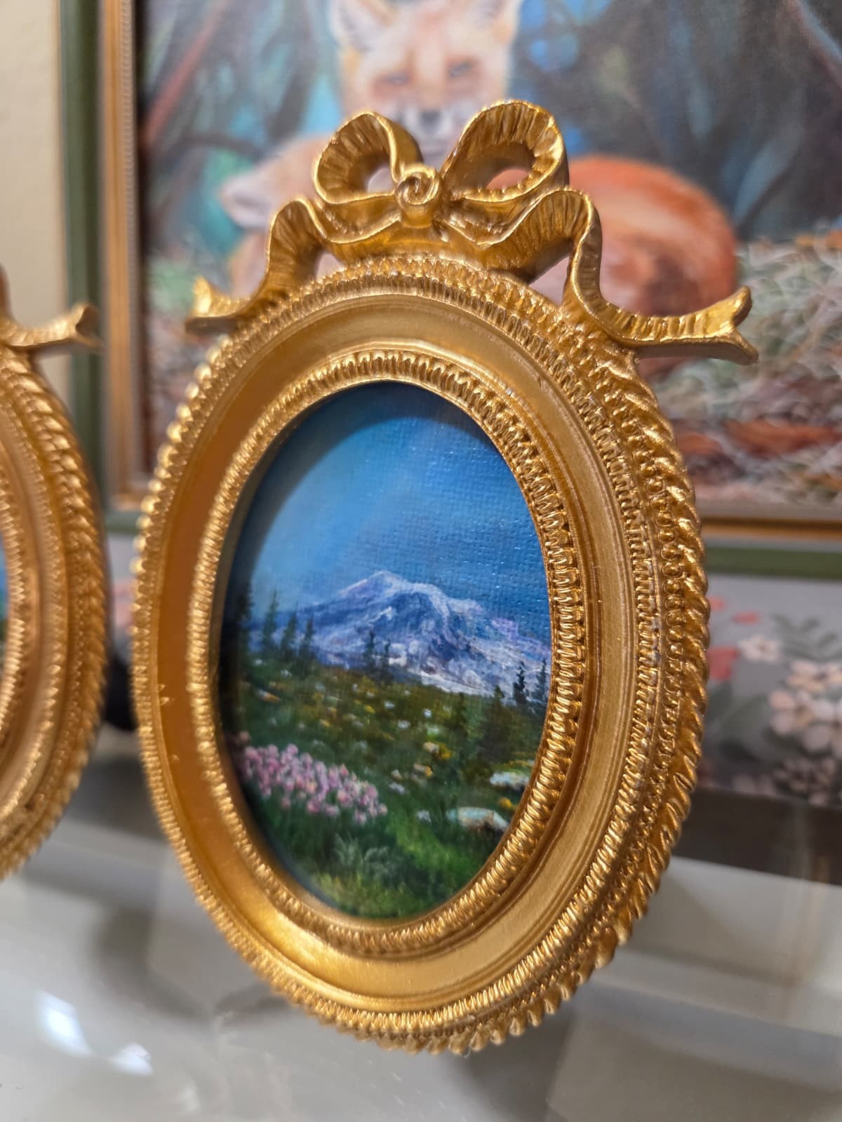 Original Mountain Meadow Landscape Acrylic Painting Oval Framed Mini Wall Gift
