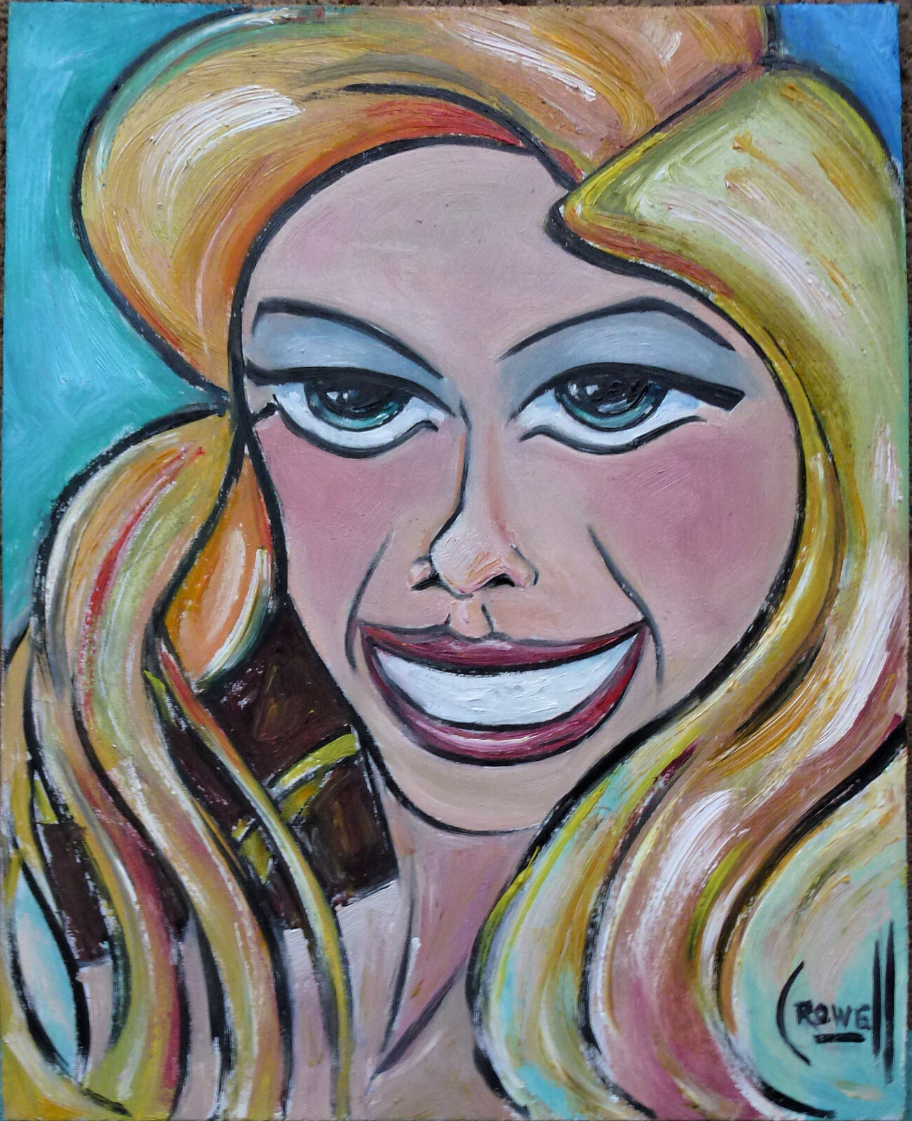 CLARISSE smile woman oil painting modern original art 8×10 wood signed Crowell
