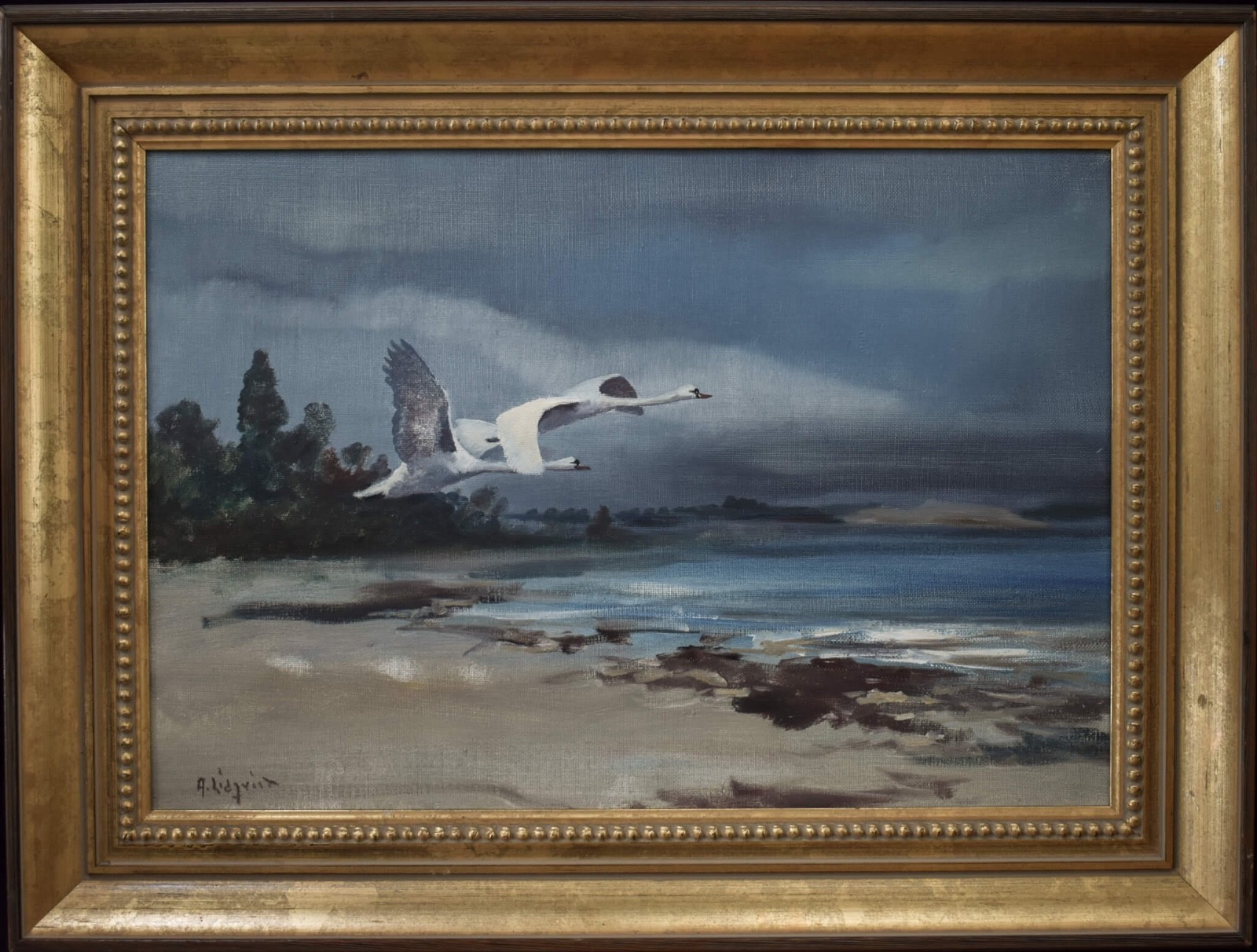 Swedish Swans Coastal Landscape Oil Painting Signed Arne Lidqvist Wildlife Art