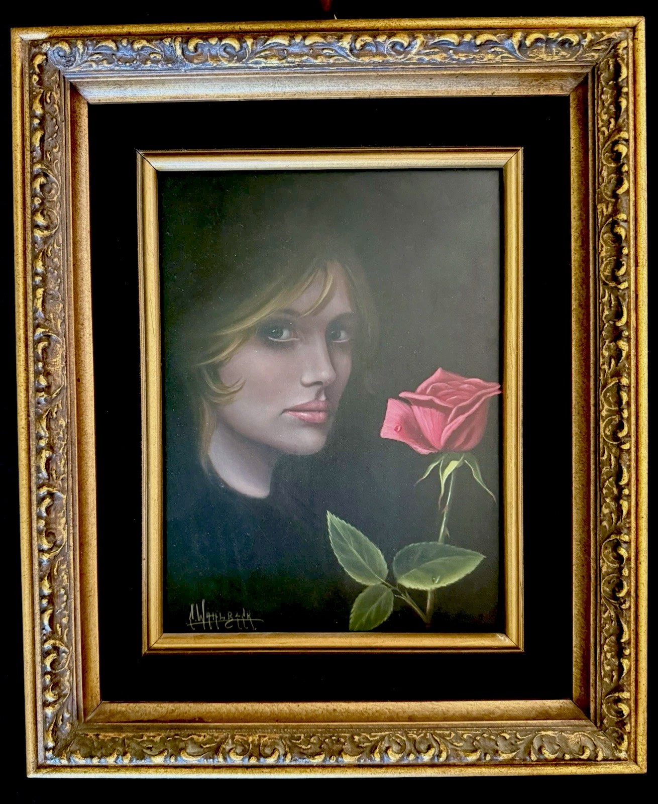 Carlo Wahlbeck Original Painting Swedish Artist symbolist Woman Portrait w/ Rose