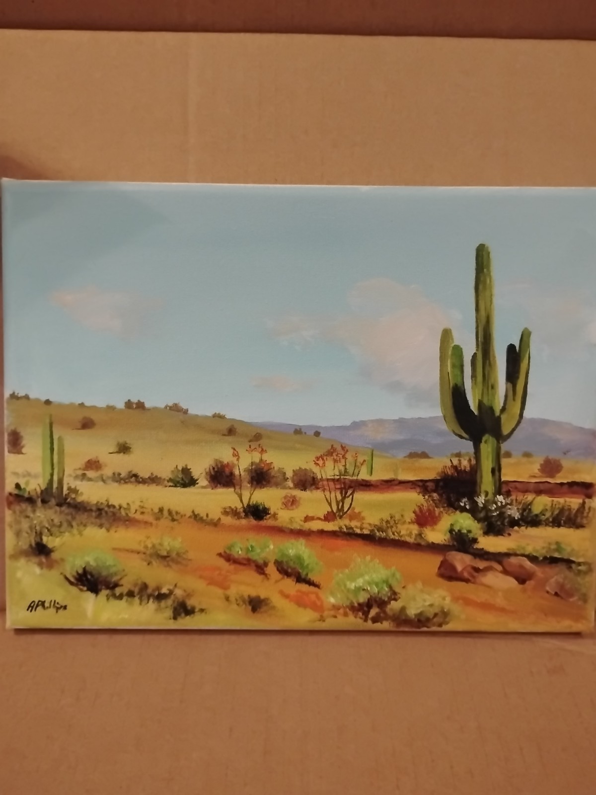 Original Signed Cactus Landscape Oil Painting 🎨 New Mexico Folk Art