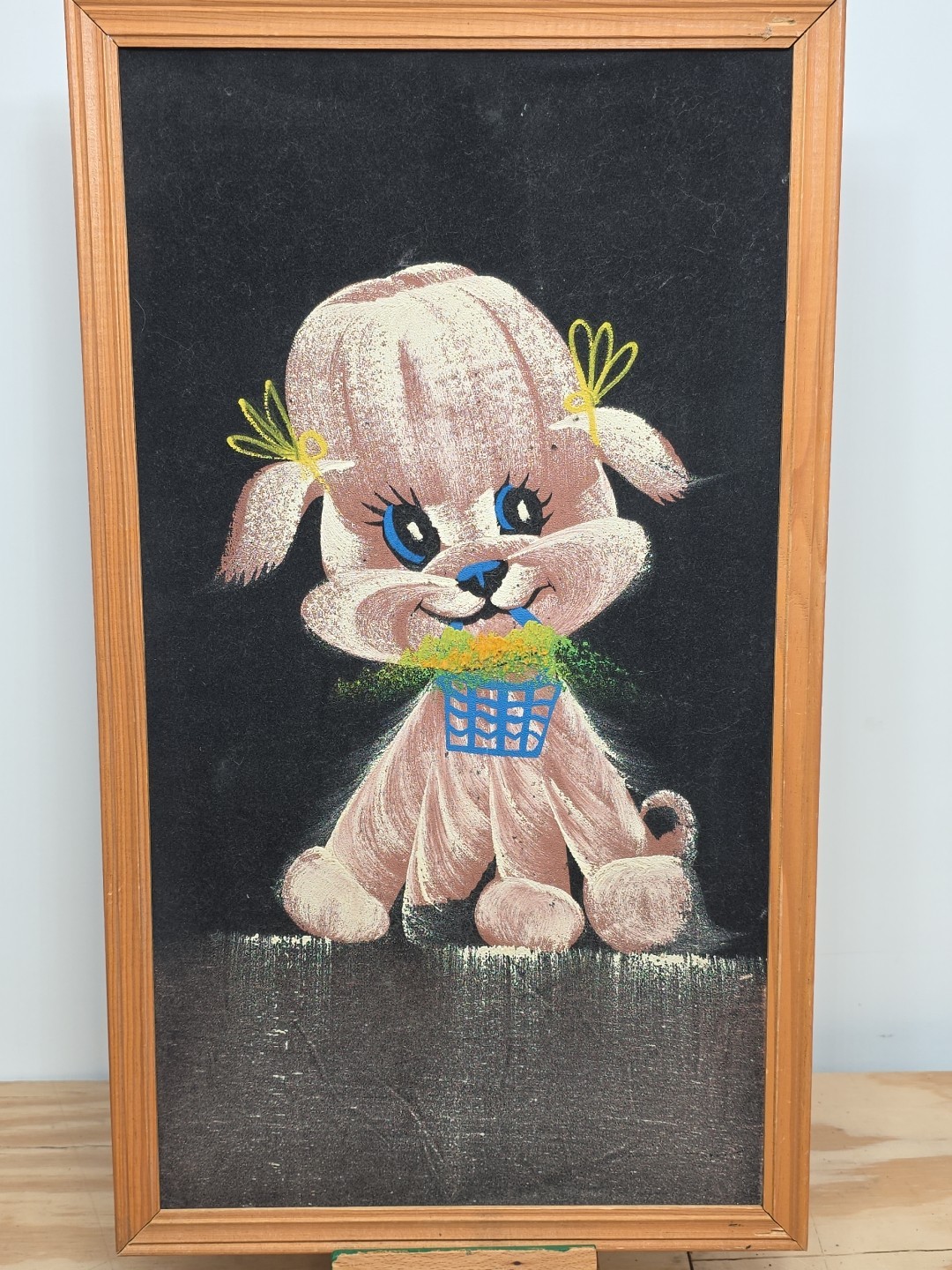 Vintage Velvet Painting Frame Dog Pink Poodle Kitsch Basket & Bow’s 70s Retro
