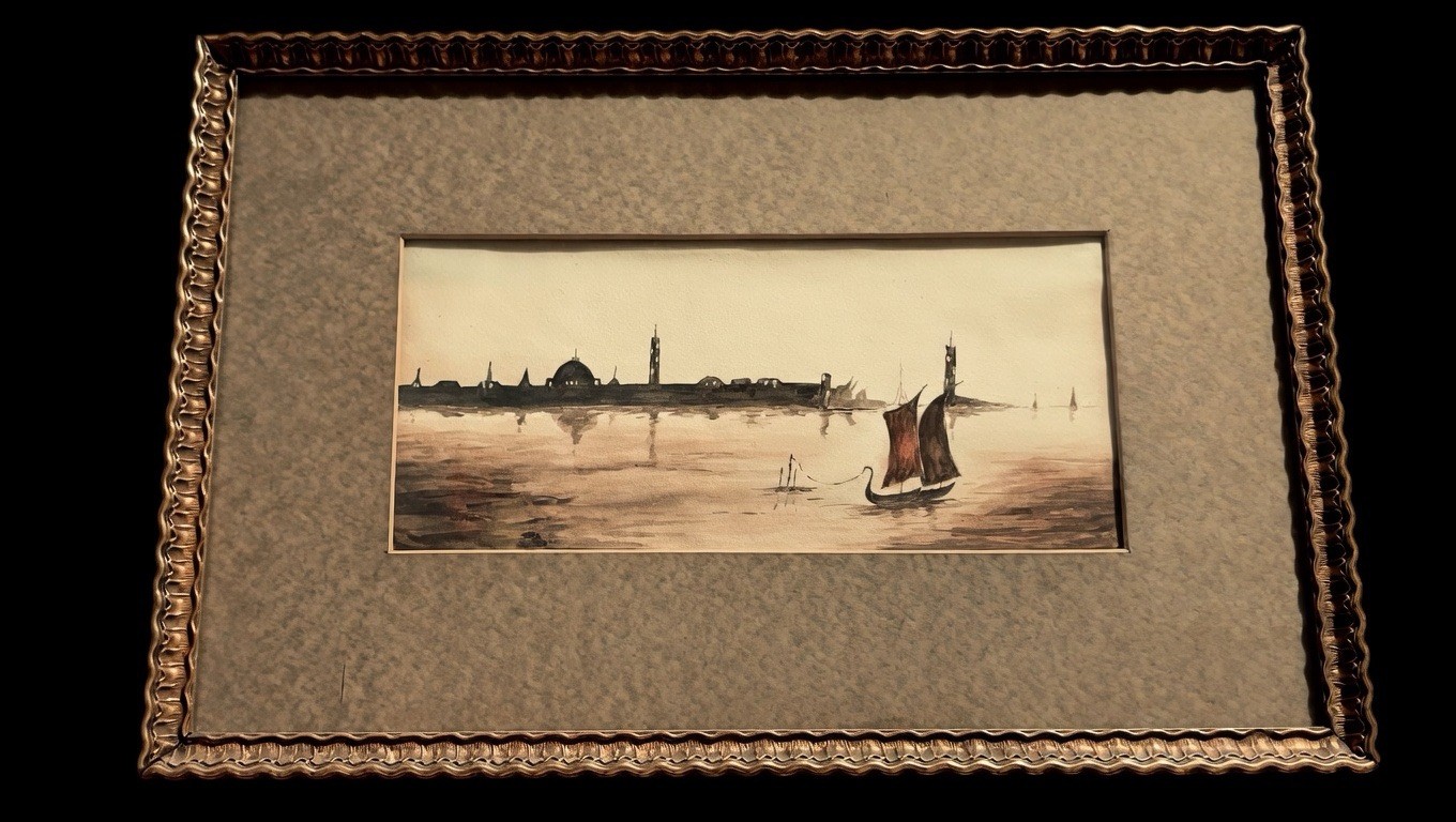 Vintage 1950s–1970s Italian Venetian Lagoon Original Watercolor Framed 19×12.5