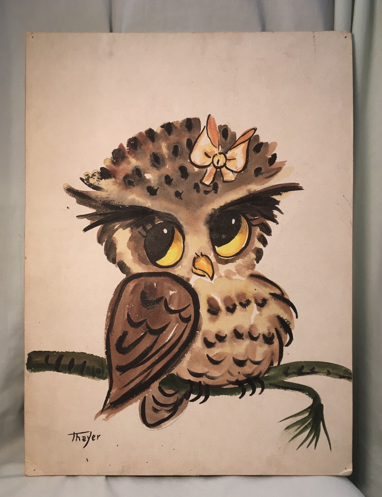 VTG Owl With Bow On Branch By Thayer Painting 15 5/16”x11 1/4” Paperboard