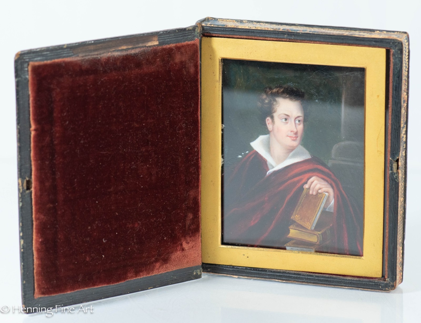 Exceptional Antique Miniature Portrait Painting – Lord Byron in Custom Book Case