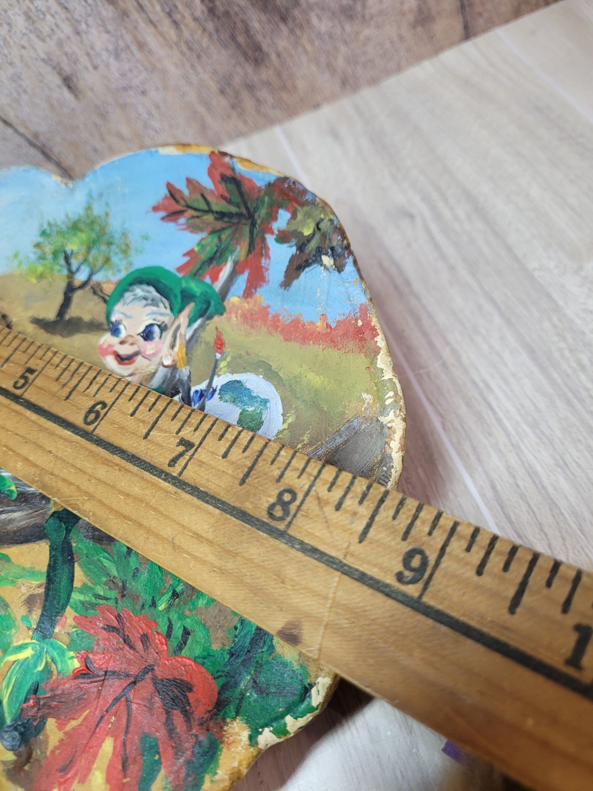 Vintage Hand Painted Conk Mushroom Pixie Scene Folk Art Woodland OOAK 1960s