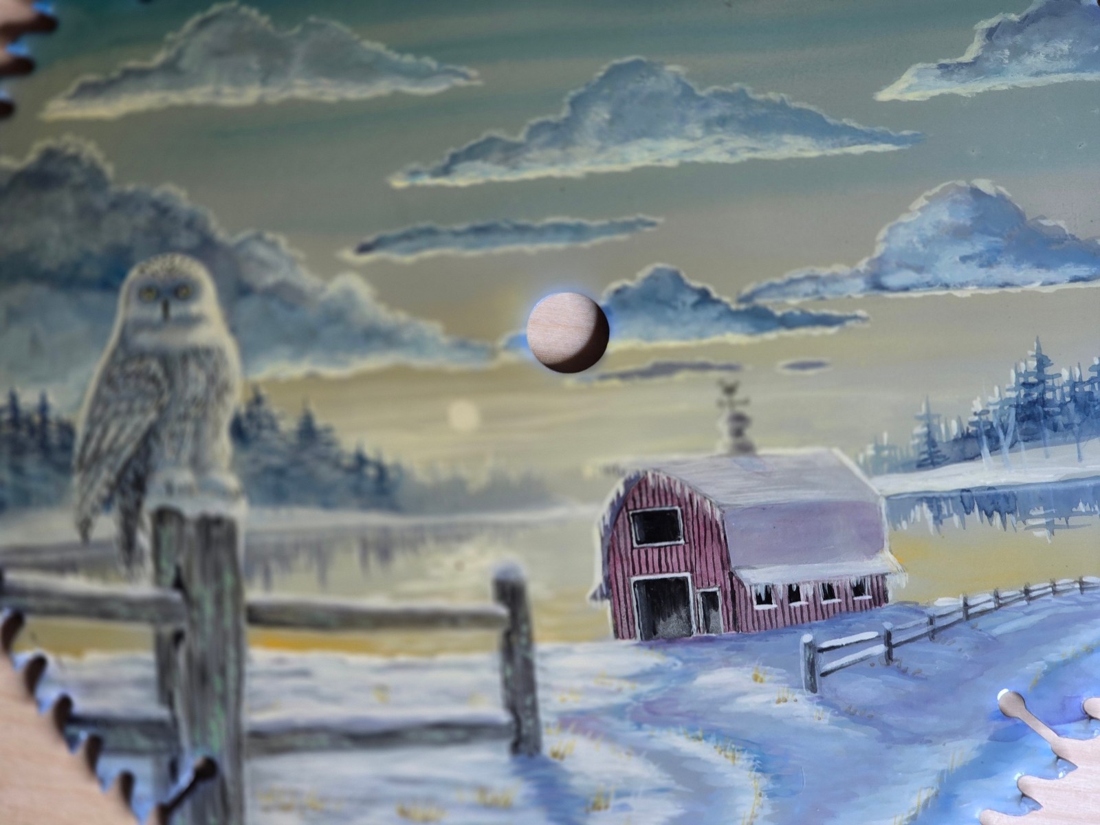 Folk art hand painted owl farm country scene on 10″ saw blade rustic cabin