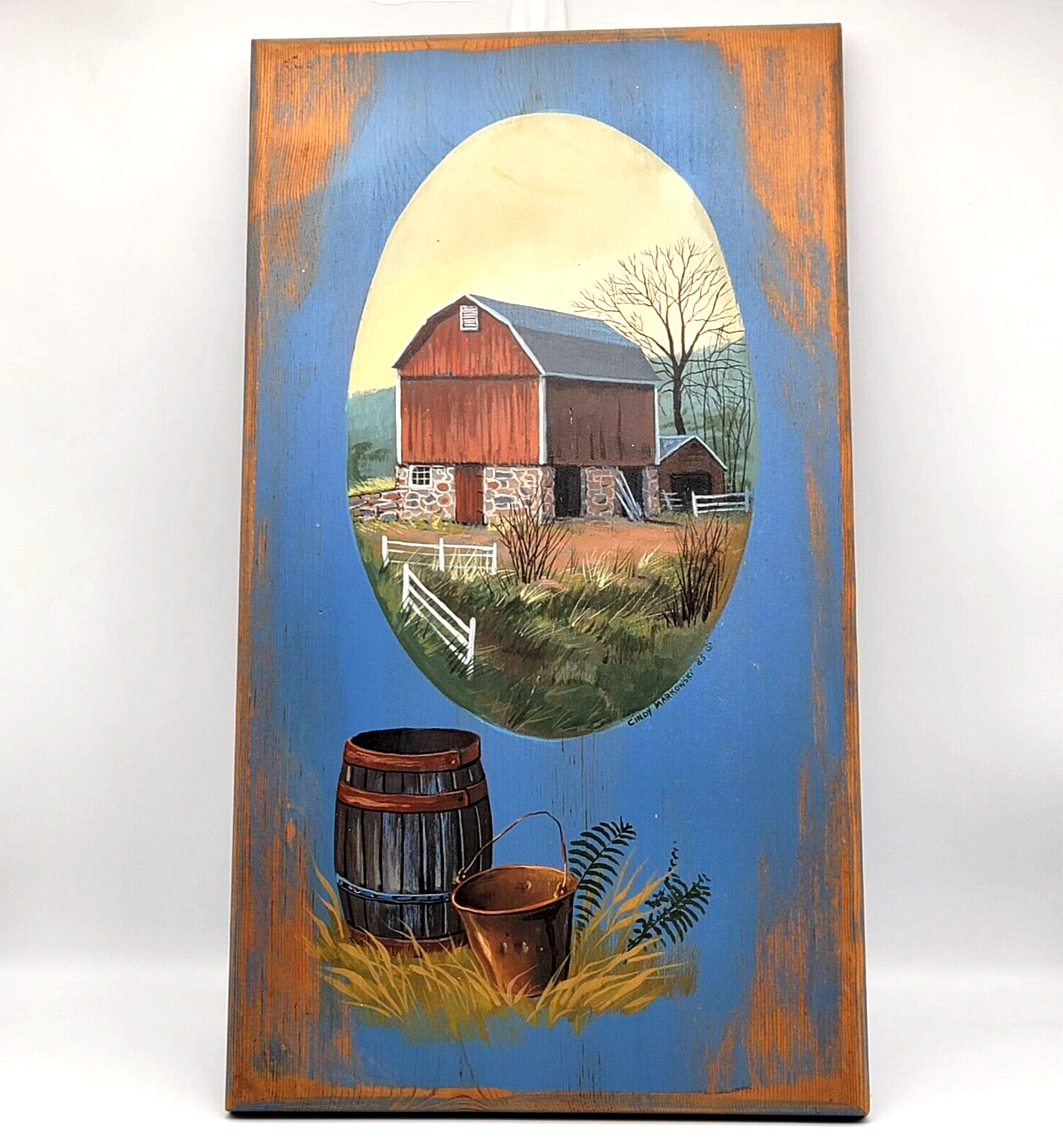 Cindy Markowski 1985 Painting Farm Barn Outdoor Scene VTG Wood Wall Art
