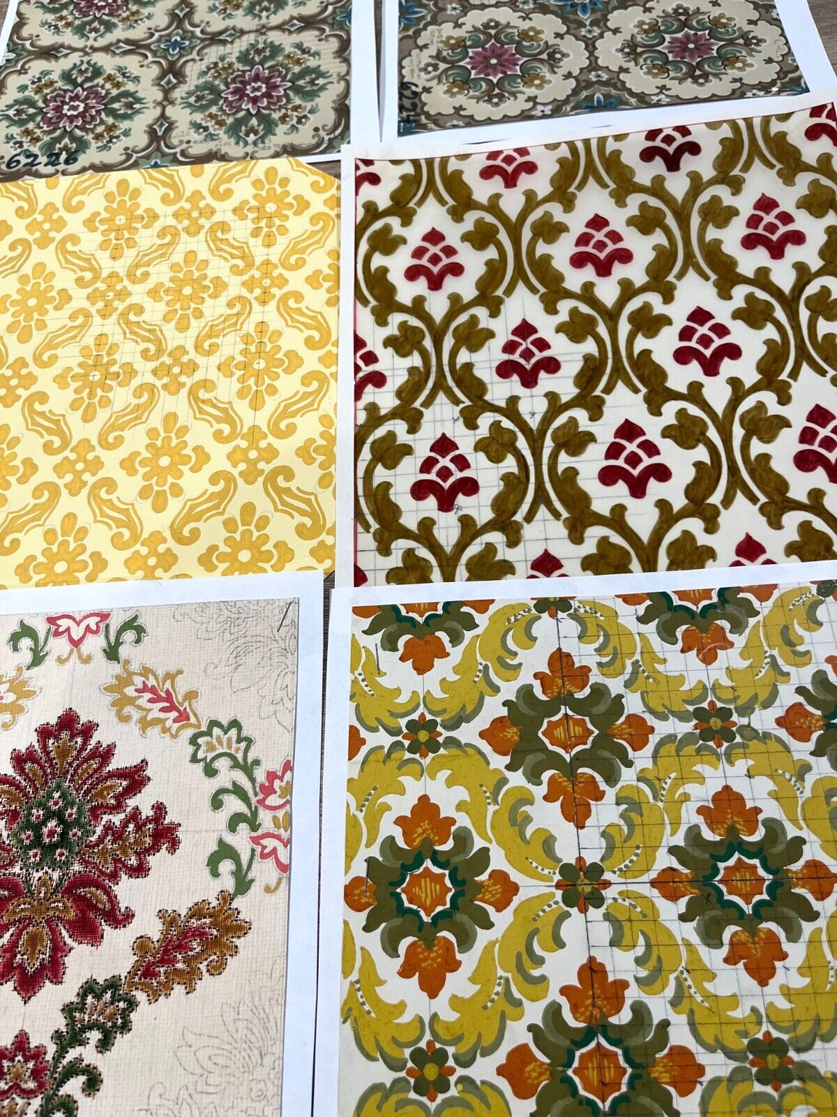 Original Vintage Handpainted Tile, Frame and Mosaic Designs on Paper, lot of 6