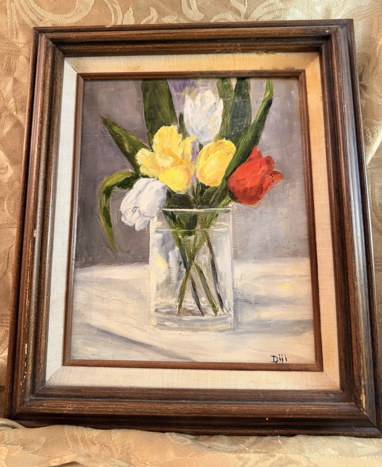 Orig Oil Painting Diji Scales Tulips in Glass Framed Signed Shreveport LA Art