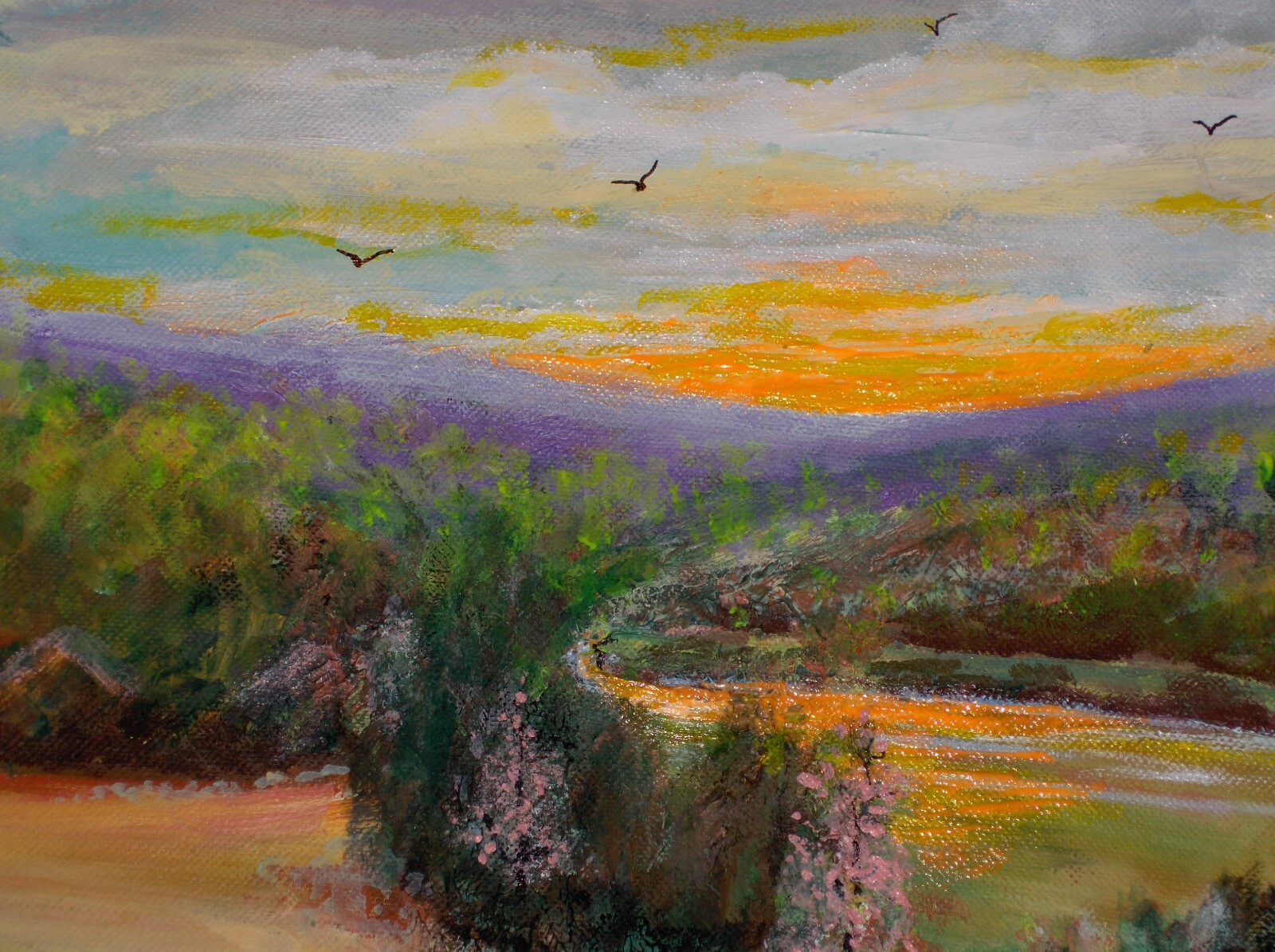 LARGE ORIGINAL Bluebonnet Landscape Lake Creek Blooming Tree Vintag Cnv Painting