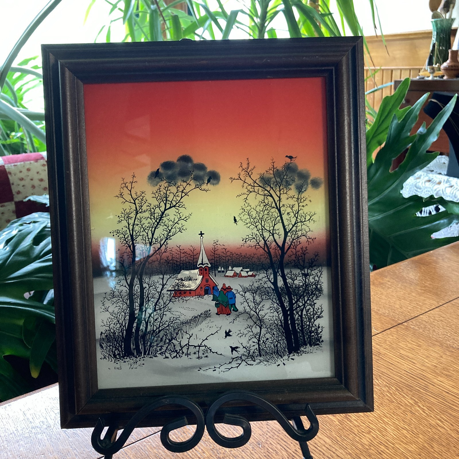 Folk Art Eres Naive Painting Reverse Glass Winter Season Sunset Vintage Original