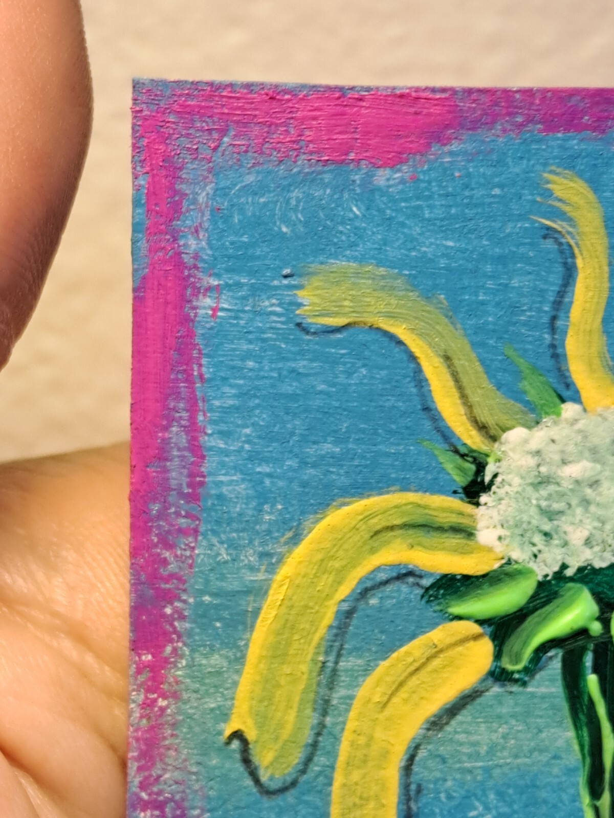 Blue yellow acrylic ink «Yellow Flower» Artcard Limited 1/1 Signed by artist