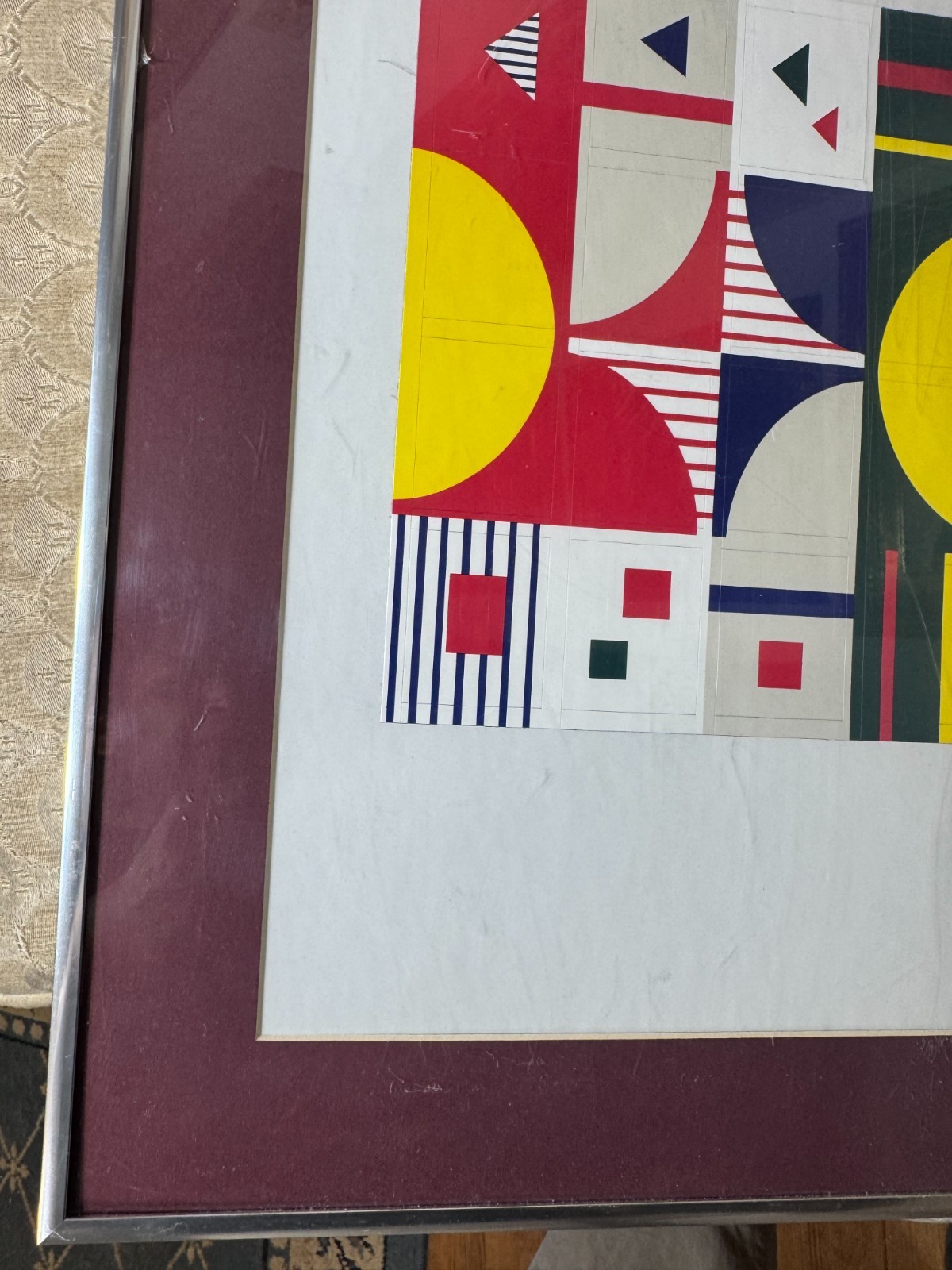 Vintage Geometric Abstract Mixed Media Composition Silver Tone Metal Framed